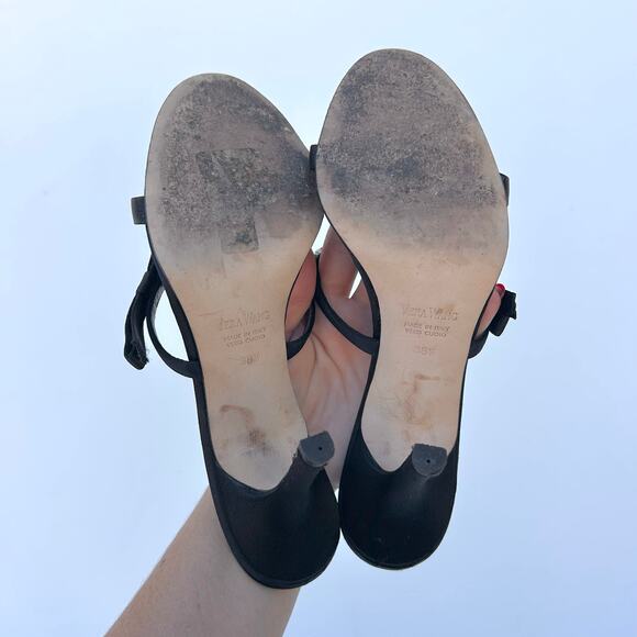 Vera Wang Rhinestone Bow Mules Strappy Heels Satin Black Box 38.5 Size 8.5 - Picture 9 of 11
